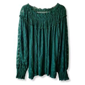 Women Green Lace Top Blouse 4X Romantic Feminine Boho Holiday Cocktail Frilly